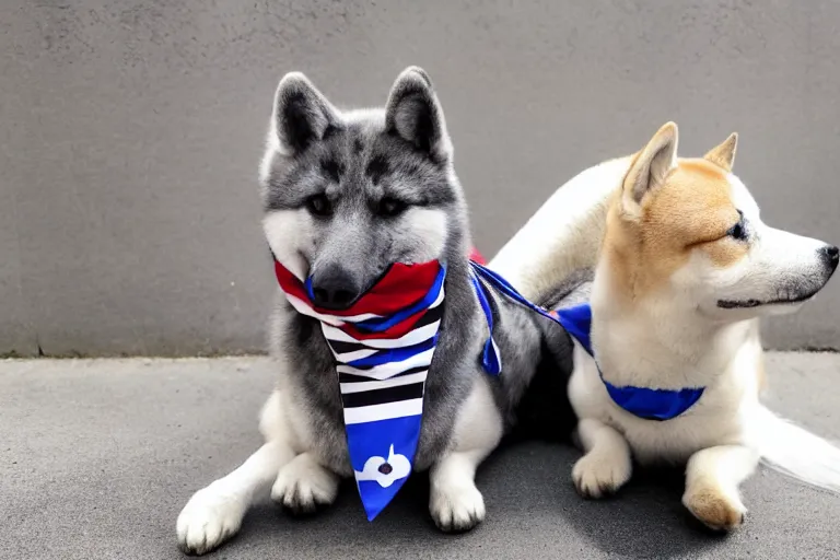 Image similar to A grey pegasus pony wearing a black and grey striped scarf sitting beside a shiba inu dog wearing a french flag bandana around their neck