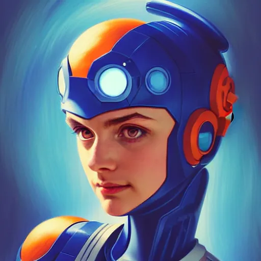 Image similar to head and shoulders portrait of a female Megaman semi realistic, digital illustration, fantasy, medium shot, intricate, elegant, highly detailed, digital painting, volumetric light, artstation, concept art, smooth, sharp focus, art by Sachin Teng and Gil Elvgren and Greg Manchess and Alphonse Mucha