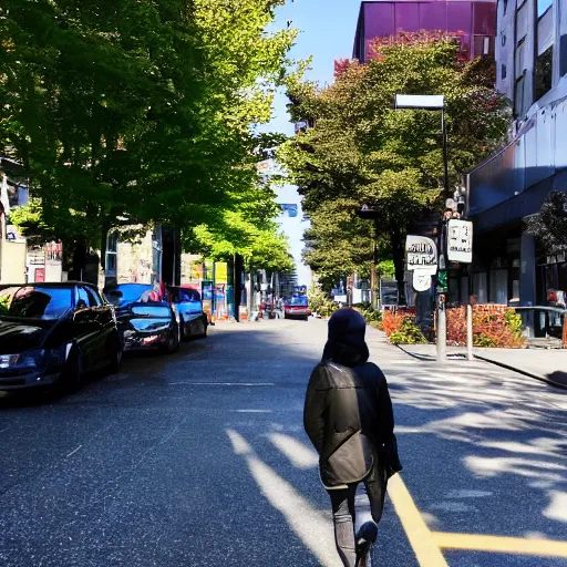 Prompt: yoshi walking down the streets of seattle, sunlight, sunny day, full shot