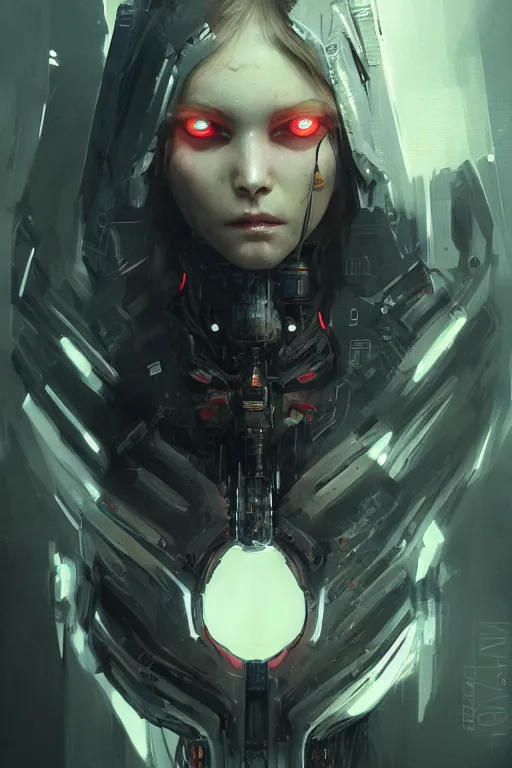 Image similar to a cyborg demon girl, flawless symmetrical pretty cute face, greg rutkowski, 8 k, shallow depth of field, intricate detail, concept art,