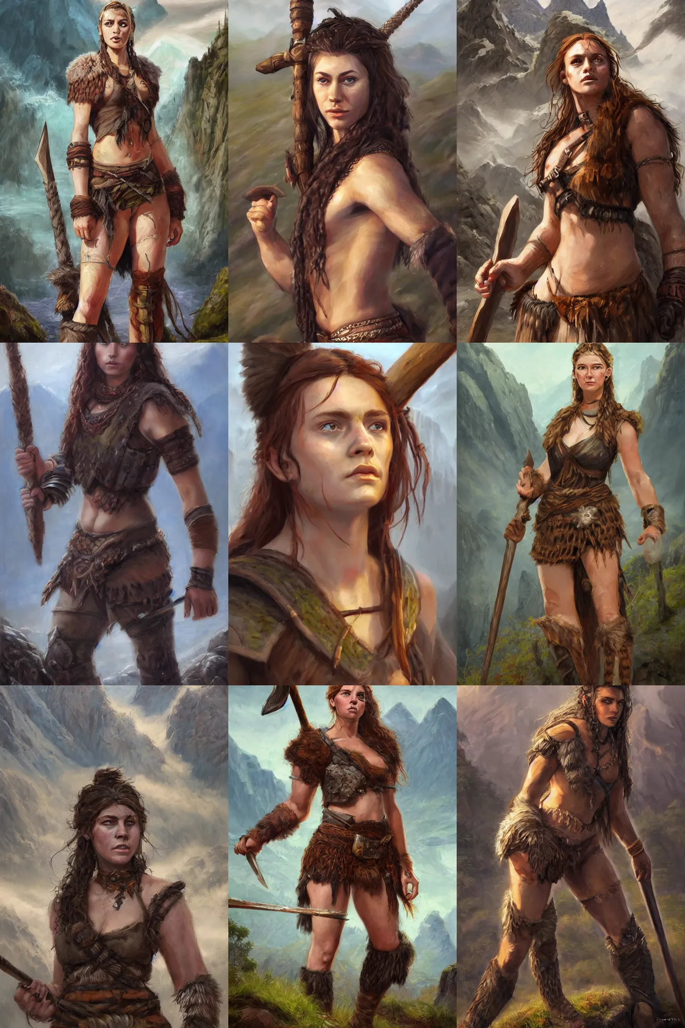 Image similar to a full body high detail fantasy portrait oil painting illustration of a beautiful young rugged stoic barbarian woman by justin sweet with face and body clearly visible, in a scenic background, pupils visible, realistic proportions, d & d, rpg, forgotten realms, artstation trending, high quality, sombre mood, artstation trending, muted colours, entire person visible!