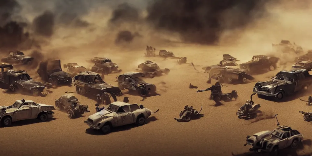 Image similar to needle felt of car chase scene from fury road ( 2 0 1 5 ), tilt shift, action shot, explosions, dust, detailed textures, dramatic light, god rays