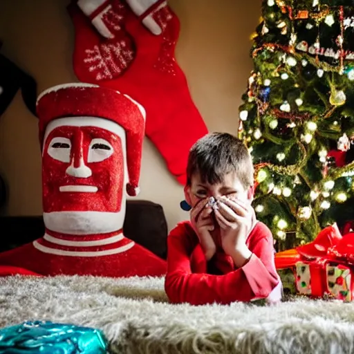 Image similar to a kid at christmas disappointed and sad that his present was a giant moai statue, his hands buried in his face | inside of a house next to a christmas tree, large present in the back