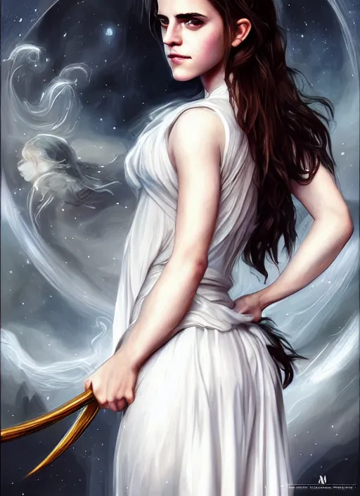 Prompt: emma watson as dark magic celestial, long hair, white and transparent cloth, space, D&D, shiny background, intricate, elegant, highly detailed, digital painting, artstation, concept art, smooth, sharp focus, illustration, artgerm, bouguereau