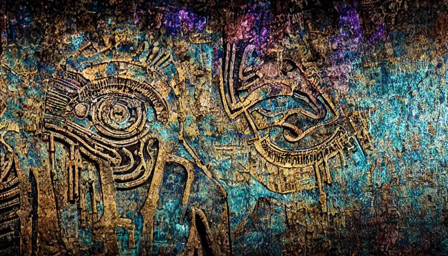 Image similar to h. r. giger hieroglyphs, sorrow intense likely, acid neochrome rainbow gold chrome metal metallic, sense of decay given, throw into the abyssal despair, various refining techniques, micro macro auto focus, top photography photo art gallery, realistic photo, insane detail