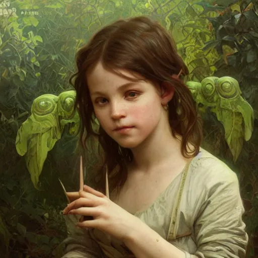 Image similar to portrait painting of green children of woolpit, ultra realistic, concept art, intricate details, eerie, highly detailed, photorealistic, octane render, 8 k, unreal engine. art by artgerm and greg rutkowski and alphonse mucha