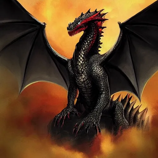 Prompt: “a painting of Drogon the black dragon from game of thrones”