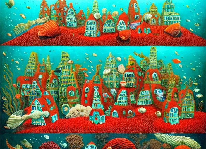 Prompt: underwater city with fish citizens inside!! the seashell, green and red seaweed, red corals, small scandinavian!!! houses, little people!!!, by jacek yerka by levitan, surrealistic painting, masterpiece, oil painting, sharp focus, highly detailed, intricate, smooth, 8 k,