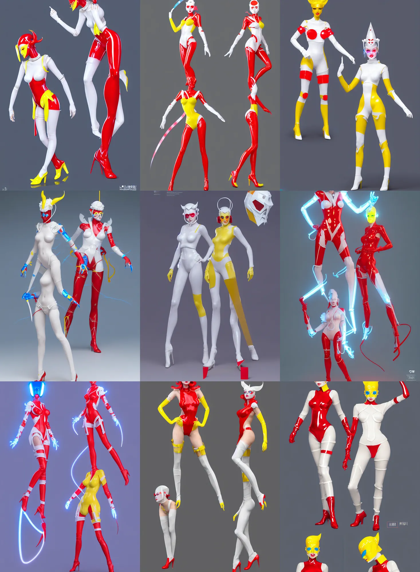 Prompt: a full body character design by loish, hong soonsang, tooth wu and zeen chin. laser white and yellow tape and red translucent plastic tape attctive showgirl!! sci - fi helmet with blue glowing eyes!! sharp edges. contour light!! ultra detailed, elegant, intricate, octane render.