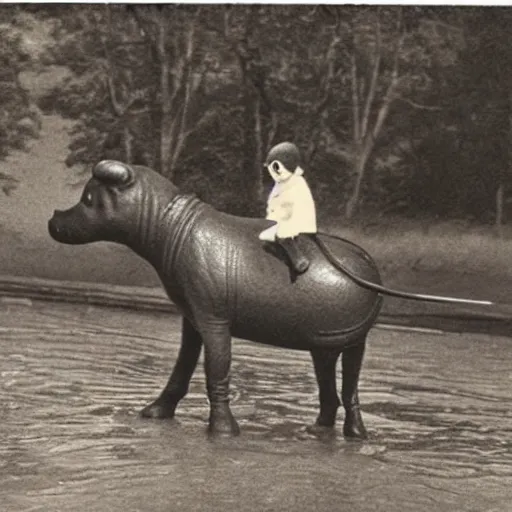 Image similar to a vintage photograph of the Grim Reaper riding a tiny hippo