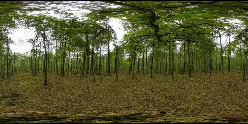 Image similar to a high quality professional 360 photograph of a scary forest