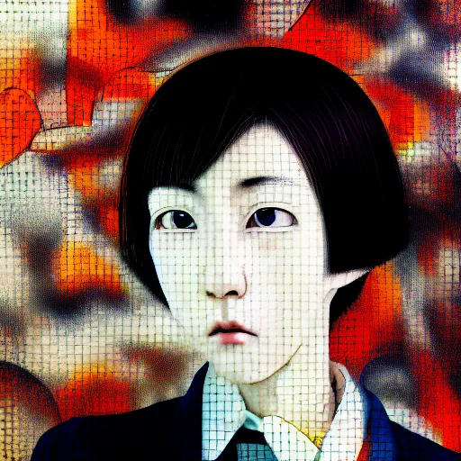 Image similar to yoshitaka amano blurred and dreamy realistic three quarter angle portrait of a young woman with short hair and black eyes wearing office suit with tie, junji ito abstract patterns in the background, satoshi kon anime, noisy film grain effect, highly detailed, renaissance oil painting, weird portrait angle, blurred lost edges