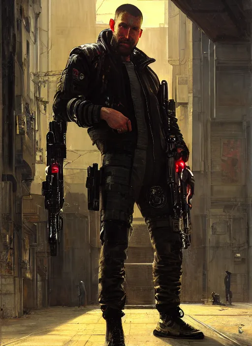 Prompt: big mike. cyberpunk hacker wearing a military vest and combat gear. (Cyberpunk 2077, bladerunner 2049). Iranian orientalist portrait by john william waterhouse and Edwin Longsden Long and Theodore Ralli and Nasreddine Dinet, oil on canvas. Cinematic, hyper realism, realistic proportions, dramatic lighting, high detail 4k