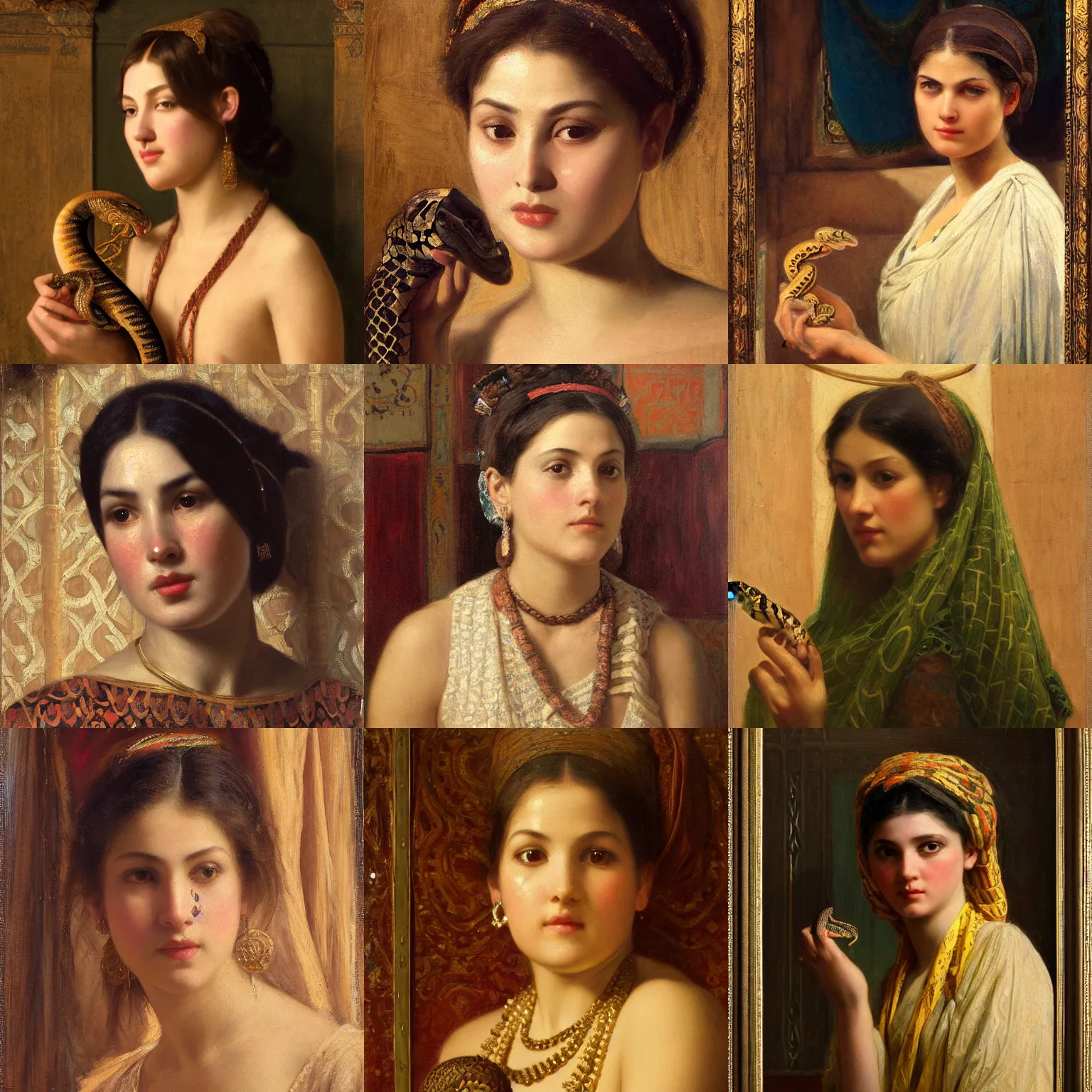 Prompt: orientalism face detail of a cute woman with a snake in a palace by edwin longsden long and theodore ralli and nasreddine dinet and adam styka, masterful intricate art. oil on canvas, excellent lighting, high detail 8 k