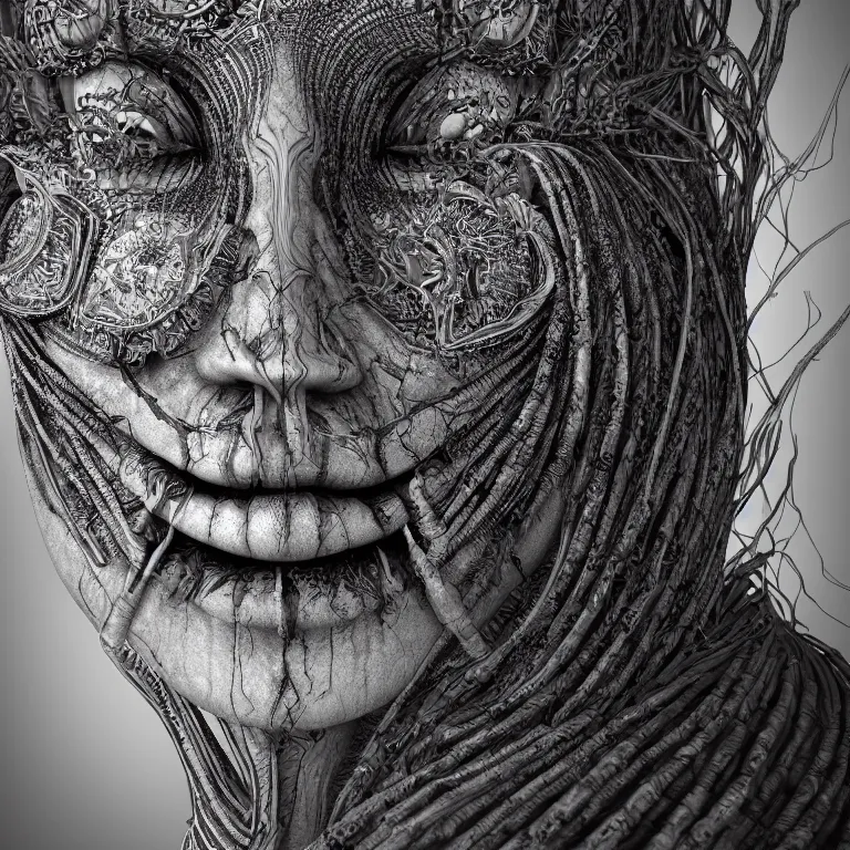 Prompt: surreal spinal ribbed tribal exotic organic face portrait of a beautiful cult member wearing occult, beautiful detailed intricate insanely detailed BW 3D render digital art, octane render, 8K artistic photography, photorealistic