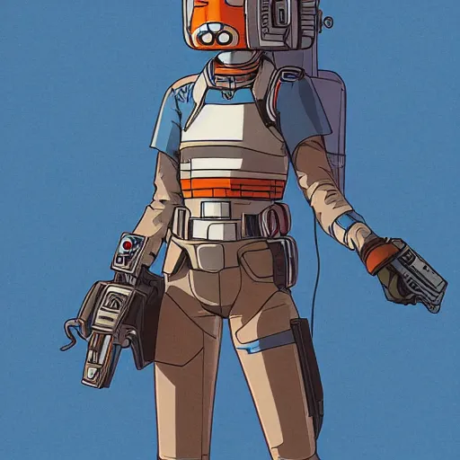 Image similar to full body portrait of a renegade rebel pilot, cool woman, 1 9 8 0 s japanese science fiction, studio ghibli style, by katsuya kondo, illustration, character portrait, concept, detailed masterpiece