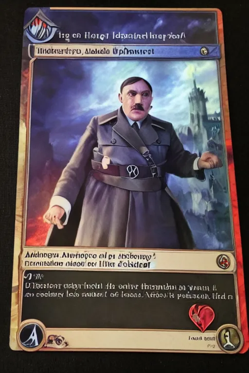 Image similar to a photo showing a magic the gathering card in it's full glory, depicting adolf hitler as a wizzard, 8 k, ultra realistic,