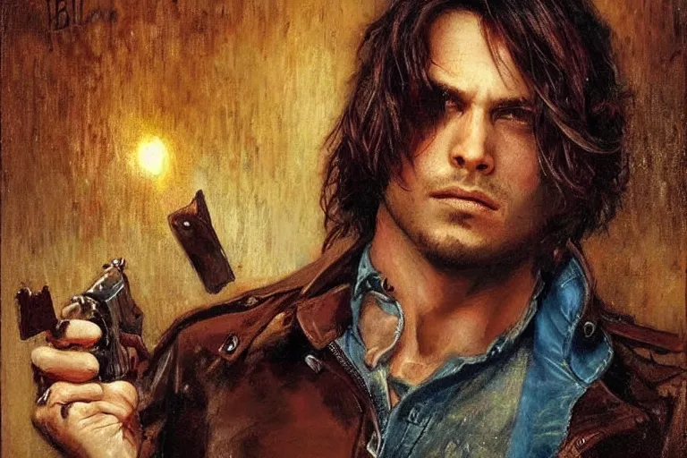 Image similar to a thirty - five year old contract killer named cobalt. he wears a brown leather jacket with a bloody white t - shirt tucked into his jeans. art by gaston bussiere.