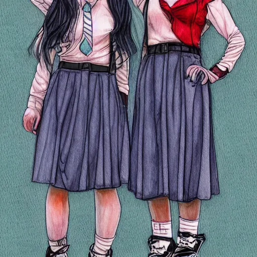 Prompt: a perfect, realistic professional digital sketch of two 90s Japanese schoolgirls posing, in style of Marvel, full length, by pen and watercolor, by a professional American senior artist on ArtStation, a high-quality hollywood-style sketch, on high-quality paper