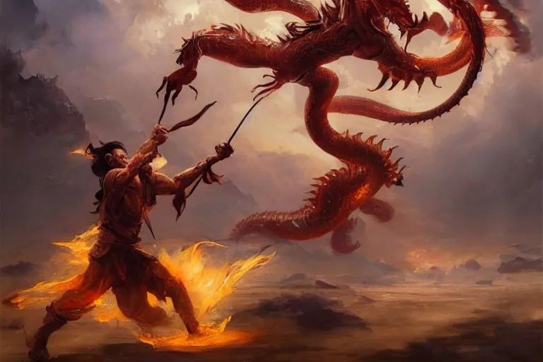 Prompt: A beautiful oil painting of Nezha fighting a Chinese dragon, by Greg Rutkowski, Boris Vallejo, epic fantasy character art, high fantasy, Exquisite detail, post-processing, low angle, masterpiece, cinematic