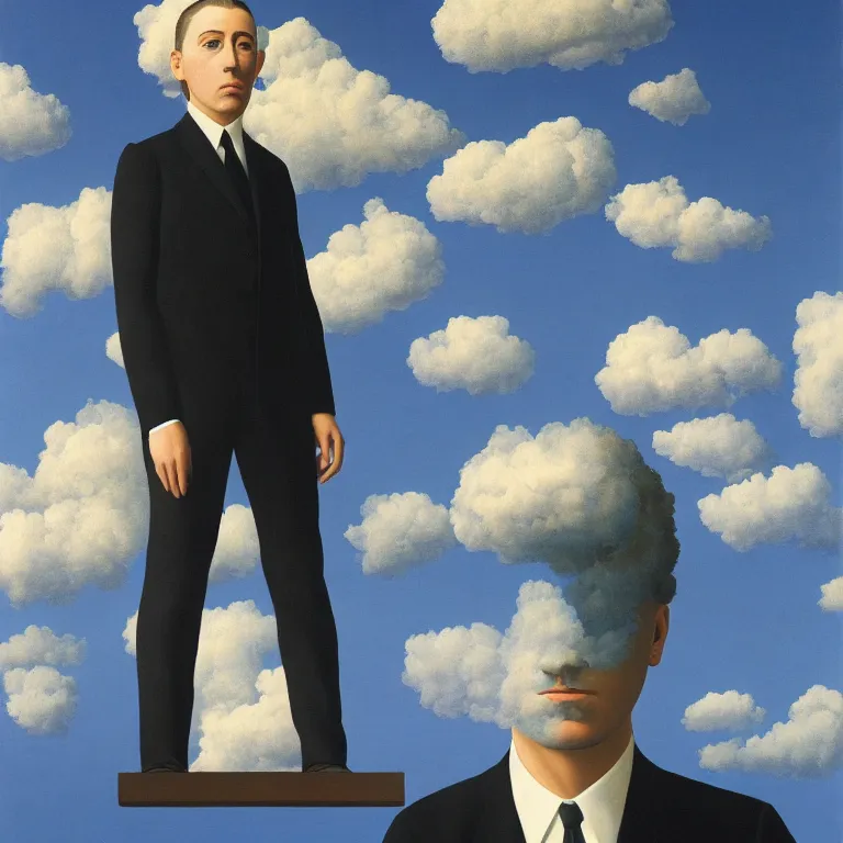 Image similar to portrait of maynard james keenan, clouds in the background, by rene magritte, detailed painting, distance, middle centered, hd, hq, high resolution, high detail, 4 k, 8 k