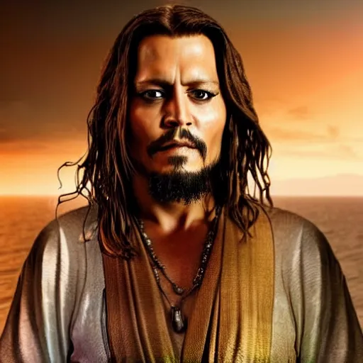 Image similar to stunning awe inspiring johnny depp as the jesus christ, movie still 8 k hdr atmospheric lighting