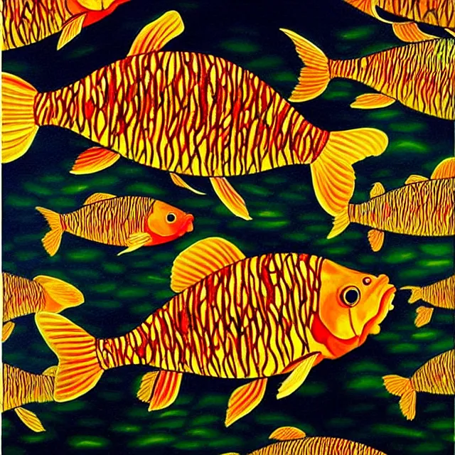 Prompt: a beautiful painting carp swim in the fire, by kusama miyama realistic oil painting