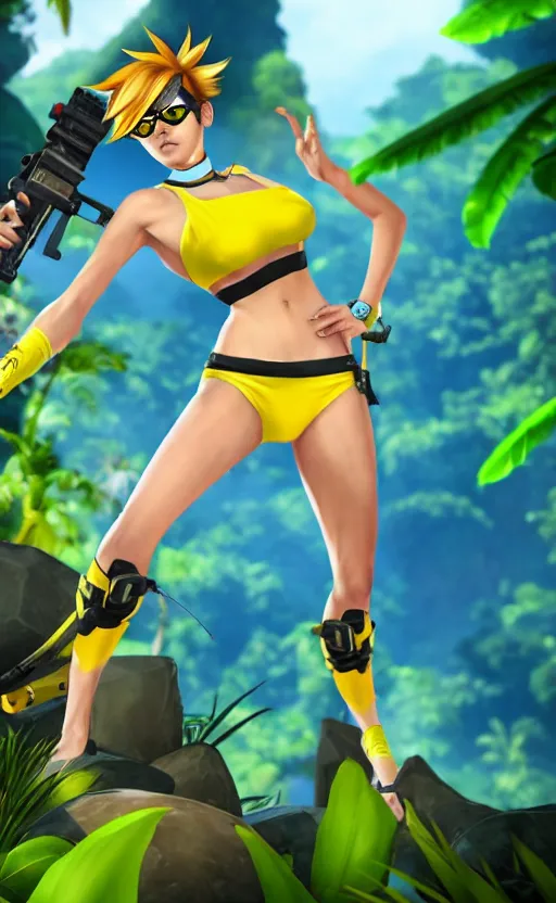 Image similar to tracer game character, in yellow bikini, blonde hair, black eyes, hands free, against the background of the jungle full height