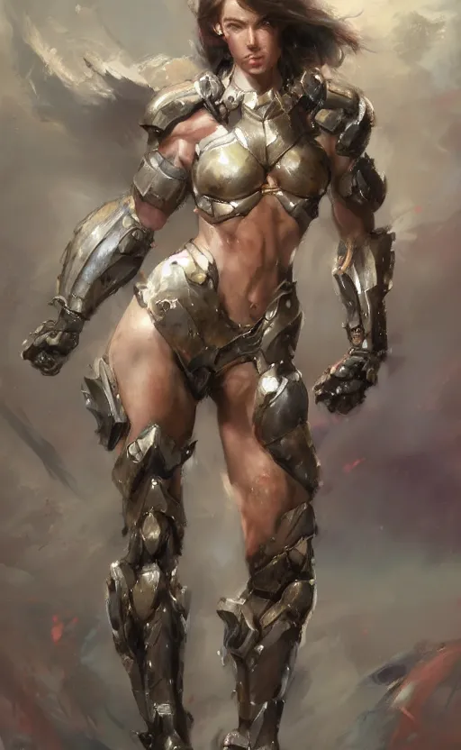 Image similar to muscular full armored girl by daniel gerhartz, trending on art station