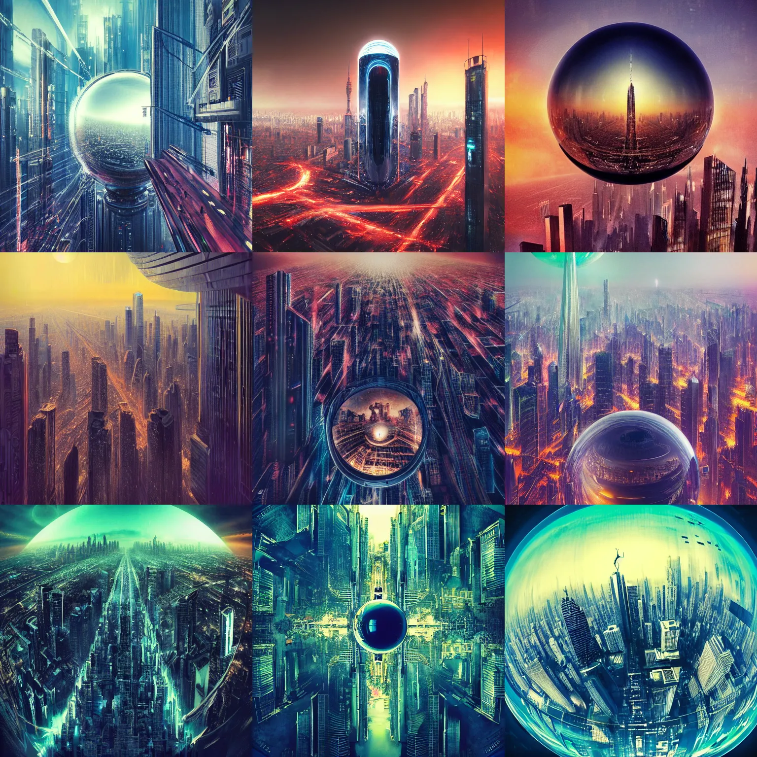 Prompt: a masterpiece!!! photograph of a very large city filled with lots of tall buildings, aerial view top down, a large reflective sphere, cyberpunk art by karol bak and liam wong, flickr contest winner, futurism, nightscape, high dynamic range, cityscape, synthwave