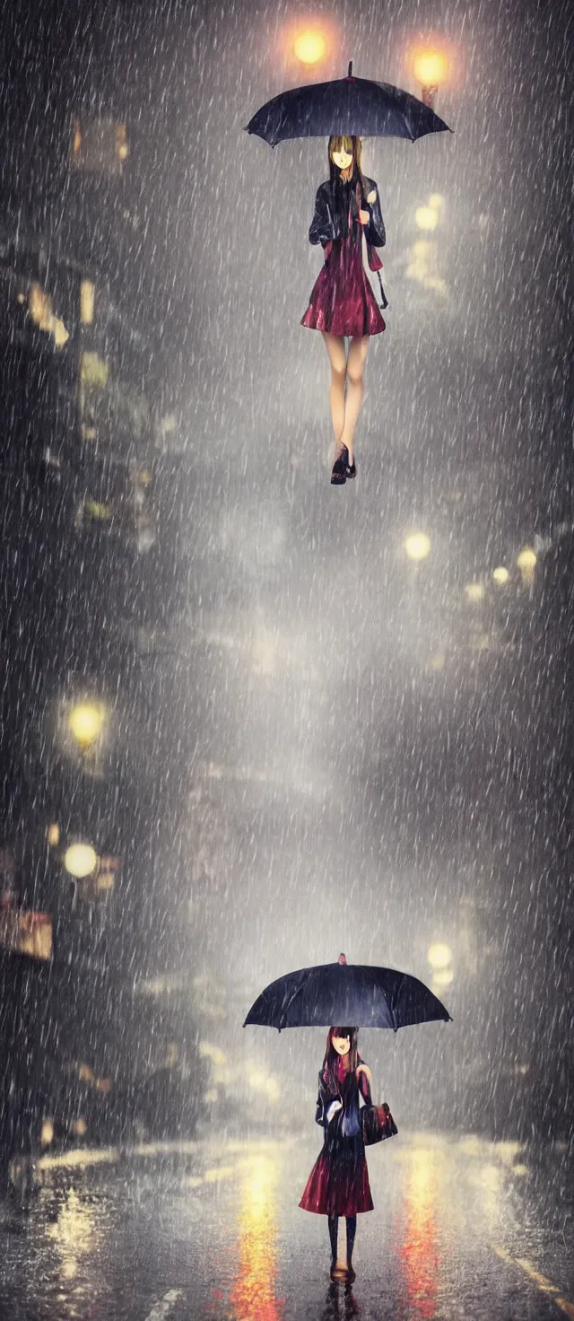 Image similar to lonely girl with umbrella on the wet road, rain, thunder, fog, night street, anime style