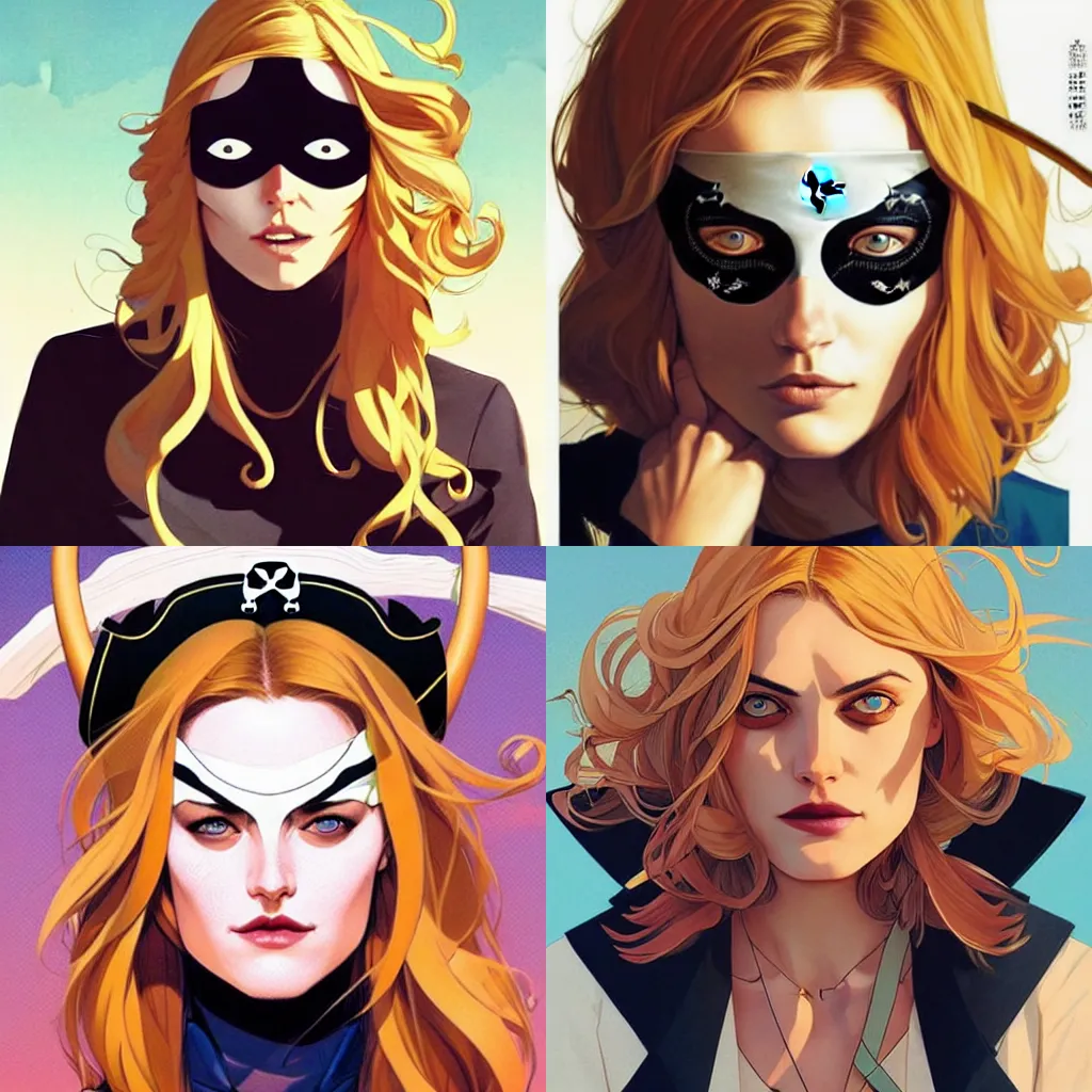 Image similar to Joshua Middleton comic art, pretty female Phoebe Tonkin, pirate, eye patch over one eye, evil smile, symmetrical face, symmetrical eyes, pirate clothing, long wavy blonde hair, full body:: sunny weather::