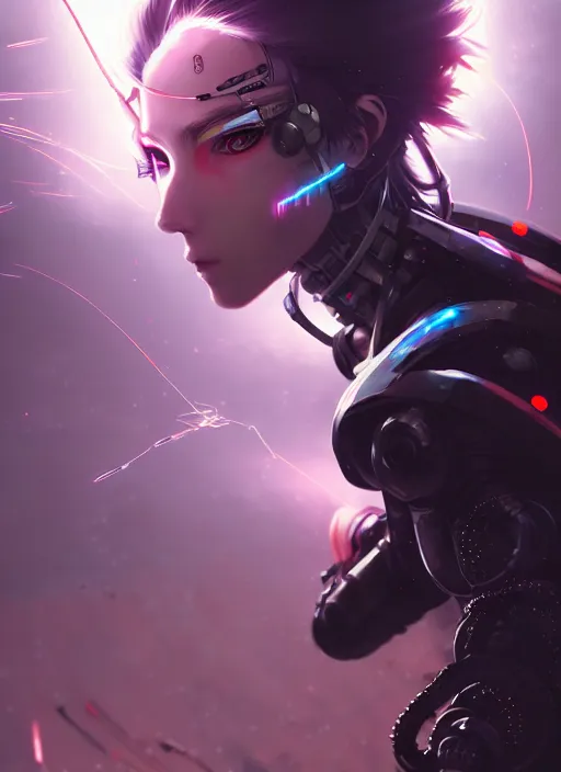 Image similar to cool cyberpunk cyborg samurai girl, battle pose, laser guns, extremely beautiful, detailed portrait, intricate light complexity, concept art by krenz cushart, kyoto animation, wlop. 4 k, beautiful, cinematic dramatic atmosphere, sharp focus, perfect lightning