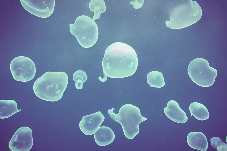 Image similar to “ translucent jellyfishes in the sky over a read ocean. ”