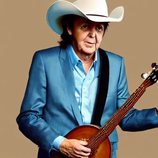 Image similar to Paul McCartney wearing a cowboy hat and playing the banjo, 8k, high definition, highly detailed, photo-realistic