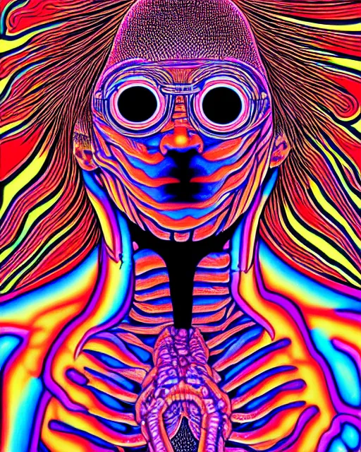 Prompt: human body breaking away, conjuring psychedelic background, part by shintaro kago, part by alex gray, ultra realistic, highly detailed, 8 k, trending on artstation, fractalism, symmetry