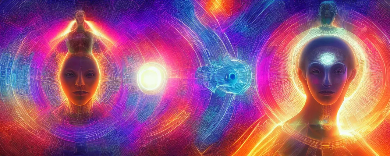 Image similar to transcendence into collaborative intelligence, endless collaboration with ai, connectedness, body, by alex grey, album cover, award winning, beautiful, colorful, volumetric lighting, trending on artstation, cinematic