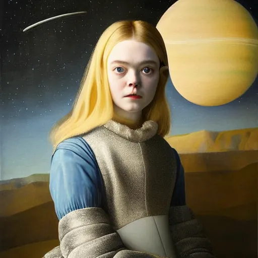 Image similar to a striking hyper real painting of Elle Fanning in space by Johannes Vermeer