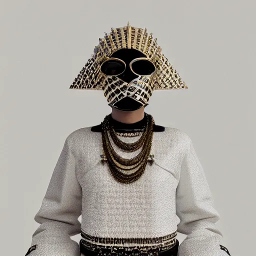 Image similar to portrait of masked dune dynasty with chanel clothes, white background, chanel logo, 8 k, symmetrical, 3 d render, octane render, insane details