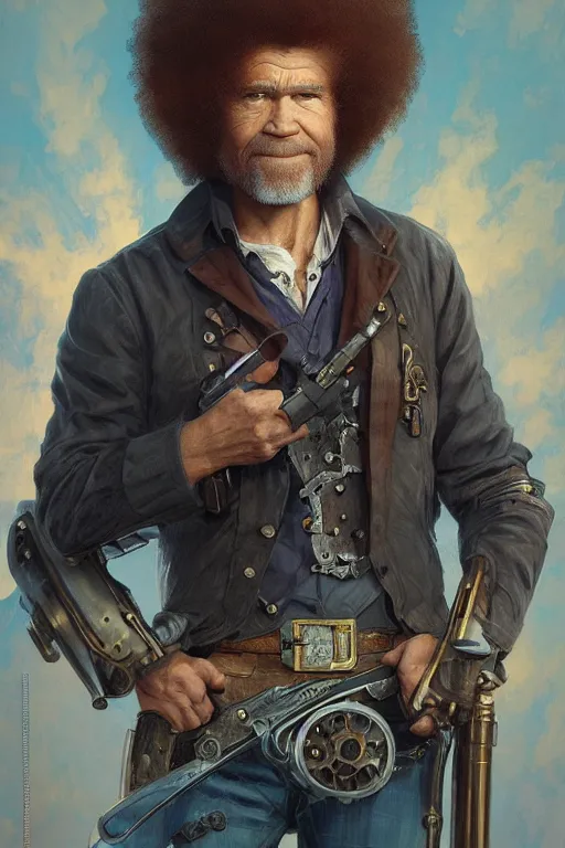 Image similar to bob ross as a steampunk cyborg gunslinger, portrait, western, duster, fantasy, intricate, elegant, highly detailed, digital painting, artstation, concept art, sharp focus, illustration, art by artgerm and greg rutkowski and alphonse mucha