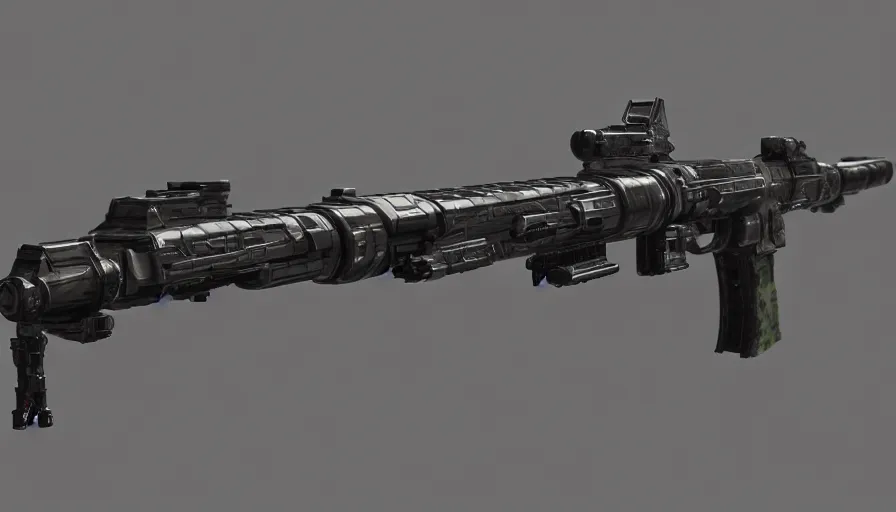 Prompt: extremely detailed realistic side view of a sci fi laser rifle, detailed pistol trigger, chemically propelled, railgun, chemrail, gauss rifle, bullpup, with tubes and wiring, massive tank, sleek utopian design, caseless ammunition, ultra quality, realistic, octane render, call of duty, warframe