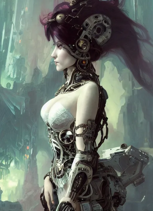 Image similar to portrait of beautiful pale gothic maiden, warhammer 40000, cyberpunk, intricate, elegant, highly detailed, digital painting, artstation, concept art, smooth, sharp focus, illustration, art by artgerm and greg rutkowski and alphonse mucha and Gustav Klimt and Ilya Kuvshinov