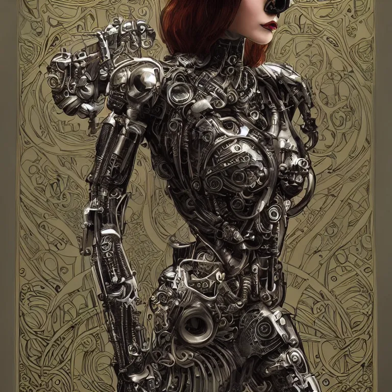 Image similar to ultra realistic illustration of a retro futuristic female cyborg punk art nouveau filgree scrollwork, masterpiece, intricate, highly detailed, sharp