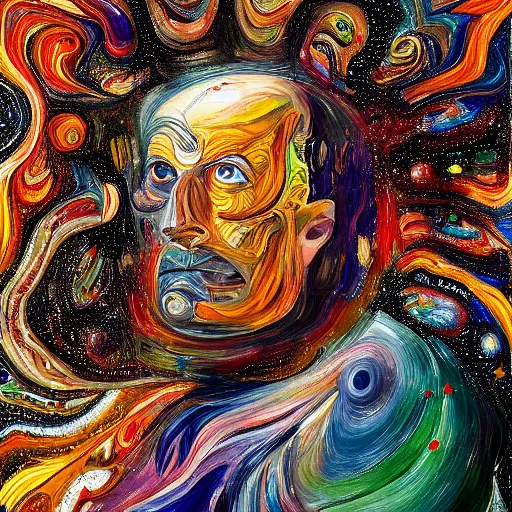 Prompt: a hyper extravagant and complex painting with almost quantum details of a man with a super brain in sight and a syndrome that transforms his head and his way of perceiving the universe