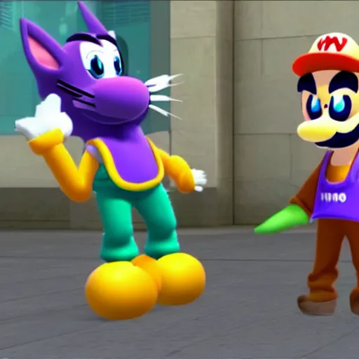 Image similar to waluigi from mario kart wearing a cat costume from peach, epic, unreal engine