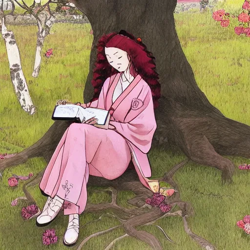 Image similar to beautiful ittle girl with long curly red hair dressed in a pink kimono and sitting next to a tree while reading a book, artwork made in western comic art style inspired in balthus and made in abyss, anatomically correct, higher details