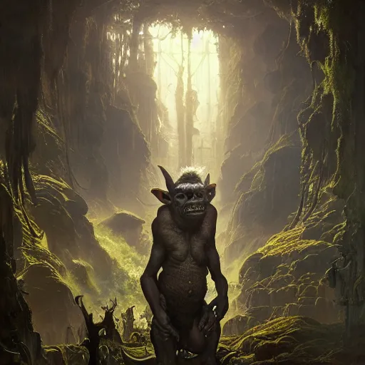 Image similar to a hyperrealistic illustration of a mix of an oger and giant and goblin, 8 k ultra realistic creature, detailed intricate, with fractal sunlight, award - winning, masterpiece, in the style of tom bagshaw, cedric peyravernay, peter mohrbacher