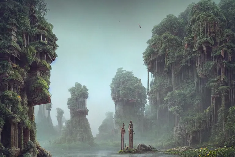 Prompt: photography of a beautiful archipelago of never seen before stunning ancient indian temple. complex intricate pilars patern, runes. trees water and flowers. afternoon light inspiring science fiction, intricate, elegant, uplifting, inspirational, highly detailed by beksinski and simon stalenhag