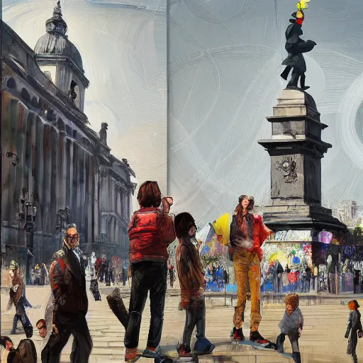 Prompt: of london trafalgar square in the style of disco elysium, expressionism, artstation, trending, by aleksander rostov, jenny saville, rembrandt, alex kanevsky, wassily kandinsky, dave mckean, yoshitaka amano