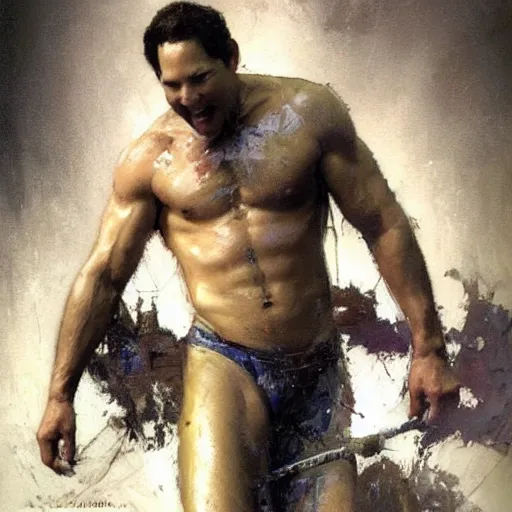 Image similar to Paul Rudd with a shredded body type, painting by Gaston Bussiere Craig Mullins